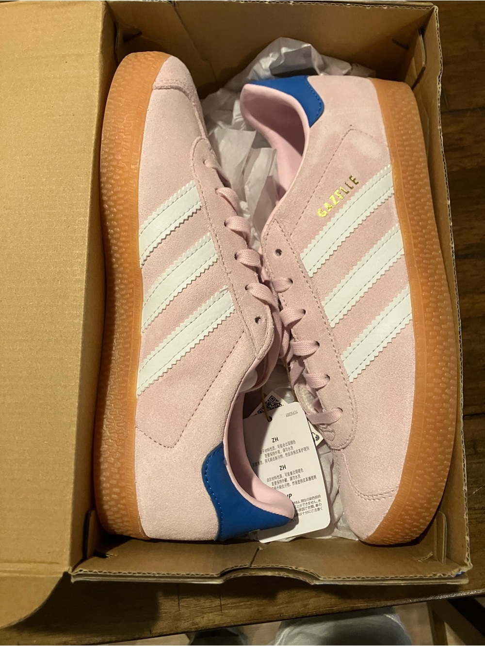 adidas Gazelle Suede Sneakers - Pink/White with Blue Heel Sz 4.5 Y / 5.5 w